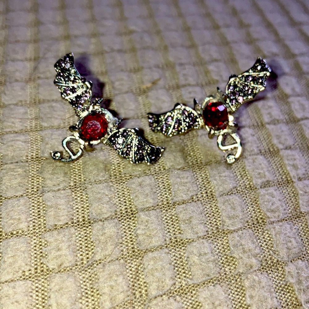 Flying Bat Earrings Red Gem & Silver Filled Post Pierced Upcycled
